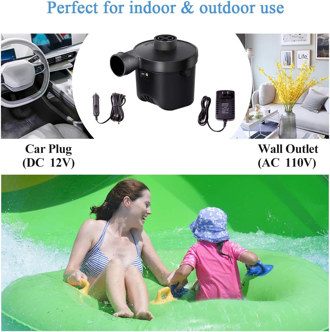 KXT Electric Air Pump, Portable Quick-Fill Pump for Air Bed, 110V AC / 12V DC, Inflator Deflator Pump, Perfect for Outdoor Camping, 3 Nozzles, Air Mattress, Pool Float, SUP: Sports & Outdoors