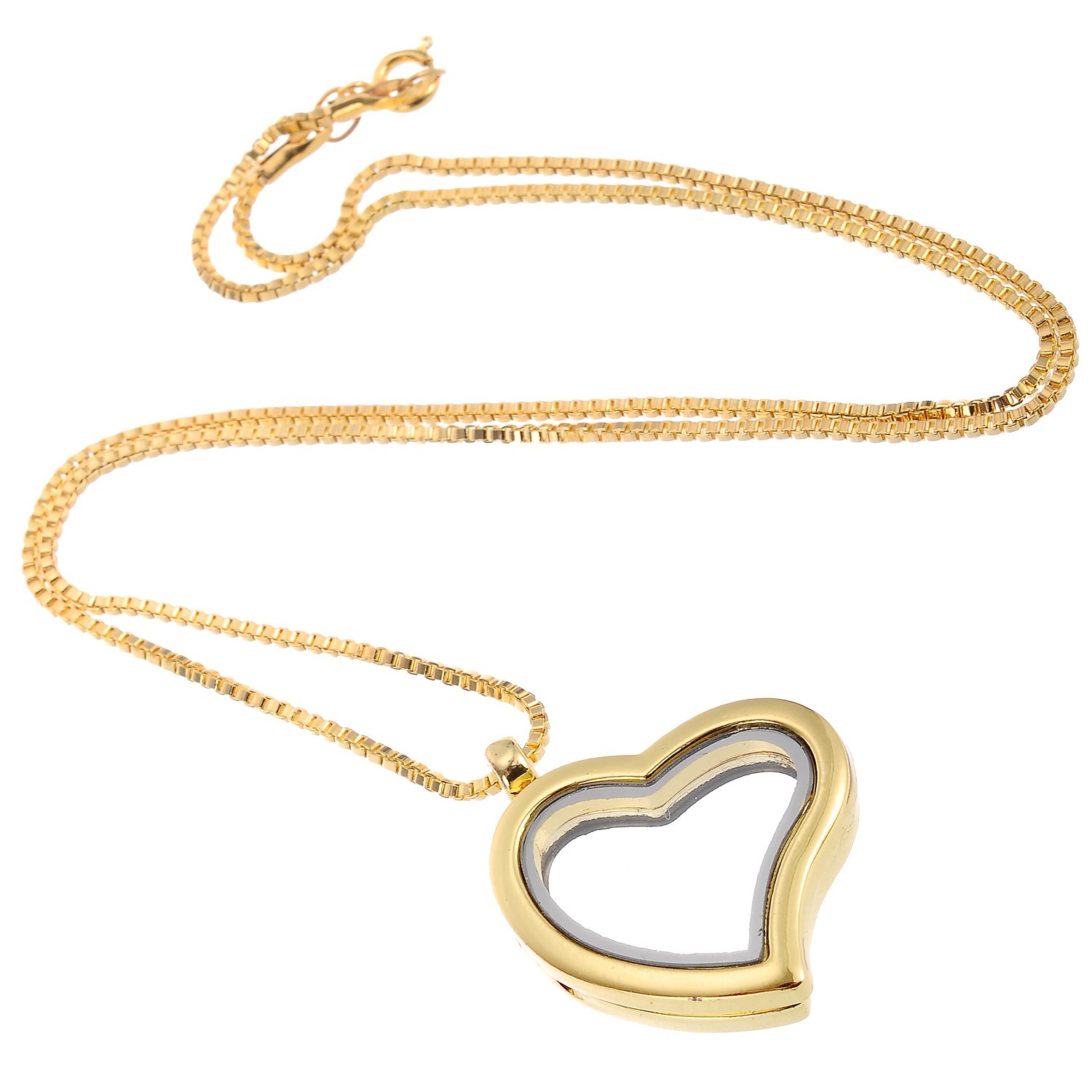 RUBYCA Living Memory Floating Charm Heart Glass Locket Pendant Necklace 20 Inches 1pcs Gold Color