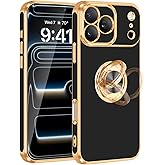 Fingic for iPhone 17 Pro Max Case[with 360°Rotatable Ring Holder][Support Magnetic Car Mount]Shiny Plating Gold Slim Thin Soft TPU Bumper Shockproof Case for iPhone 17 Pro Max for Women Men,2025,Black