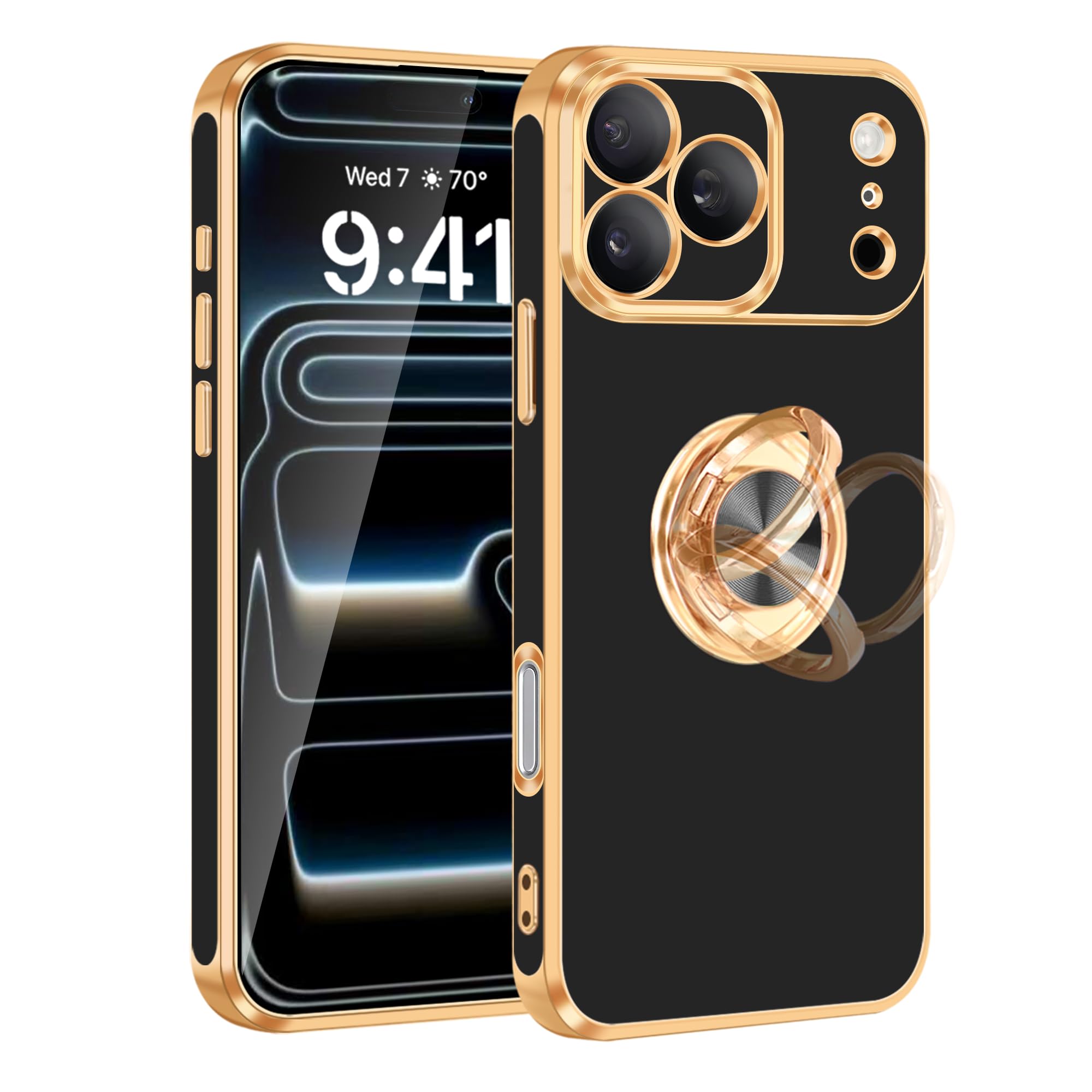 Photo 1 of Fingic for iPhone 17 Pro Max Case[with 360°Rotatable Ring Holder][Support Magnetic Car Mount]Shiny Plating Gold Slim Thin Soft TPU Bumper Shockproof Case for iPhone 17 Pro Max for Women Men,2025,Black
