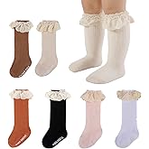 MKYSZLT 6 Pairs Baby Girl Knee High Socks Newborn Infant Toddler Cotton Long Lace Ruffle Socks Tall Frilly Dress Stockings