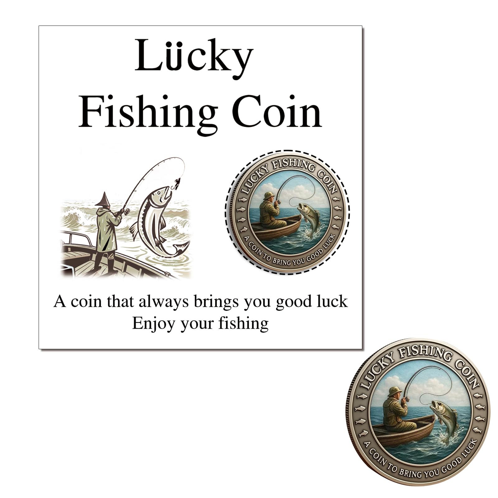 Lucky Fishing Coin with Card, Christmas Novelty Gift for Fish Lover Man, Engraved Fisherman Design Luck Token Angler Collectible Keepsake, New Year Gifts Idea, Bring the Lucky Blessing of the God