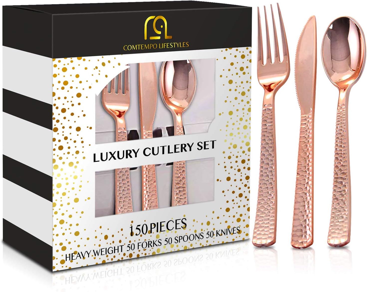 150pcs Rose Gold Silverware| Rose Gold Plastic Silverware Livens Up Birthdays, Weddings & Bachelorette| Rose Gold Forks, Knives & Spoons| Rose Gold Cutlery BPA Free| Rose Gold Utensils