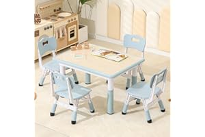 Hulaibit Toddler Table and Chairs, Kids Table and 4 Chairs Set with Graffiti Desktop, Height-Adjustable Kids Study Table for Boys and Girls Aged 3-8, Max 300lbs