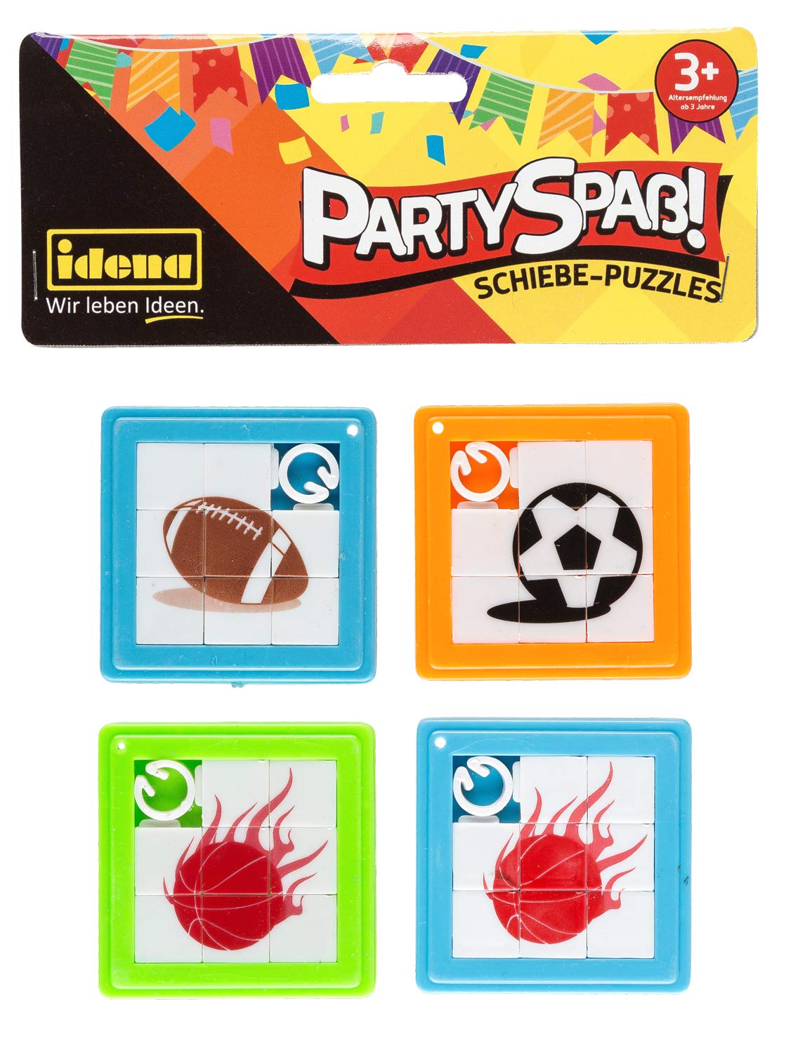 Idena 40431 Party Fun Sliding Puzzles, Set of 4, with Sporty Picture Motifs, Assorted, Approx. 5.5 x 5.5 cm