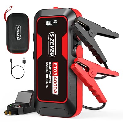 S ZEVZO ET03 Car Jump Starter 4000A Jump Starter Battery Pack for Up to 8.0L Gas and 7.0L Diesel Engines, 74Wh Portable 12V Jump Box with USB Ports, LCD Display, Storage Case, and LED Light