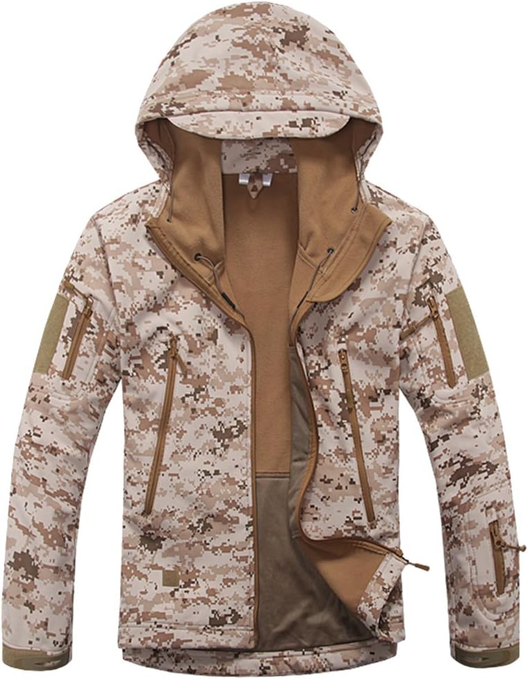 KelmonMen's Softshell Jacket Warm Fleece Waterproof Military Tactical Jacket Outdoor Windproof Functional Jacket with Multiple Pockets Hood Jackets Hunting Hiking
