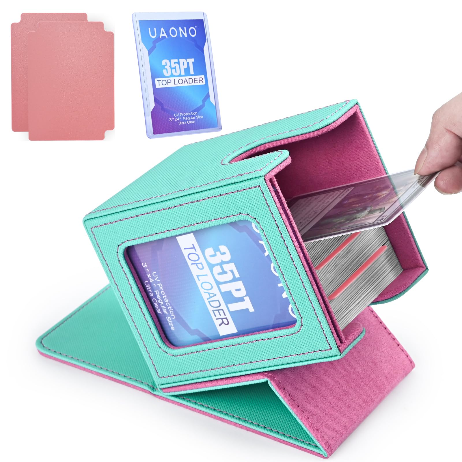 UAONO Card Deck Box with MTG Commander Display, Patented Design Card Deck Case Holds 100+ Double-Sleeved Cards, PU Leather Cards Storage Box For TCG with 2 Dividers, 1 Top Loader (Turquoise&Pink)