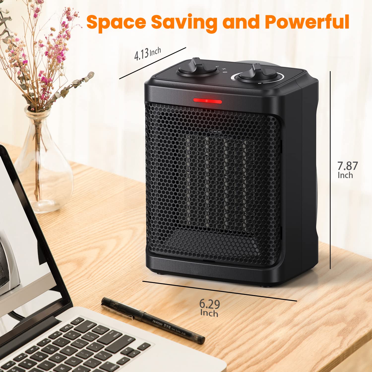 andily Space Heater Electric Heater for Home and Office Ceramic Small Heater with Thermostat, 750W/1500W (Matte black)