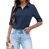 Zeagoo Womens Button Down Shirts 3/4 Sleeve Dress Blouses Business Casual Collared Oxford Tops