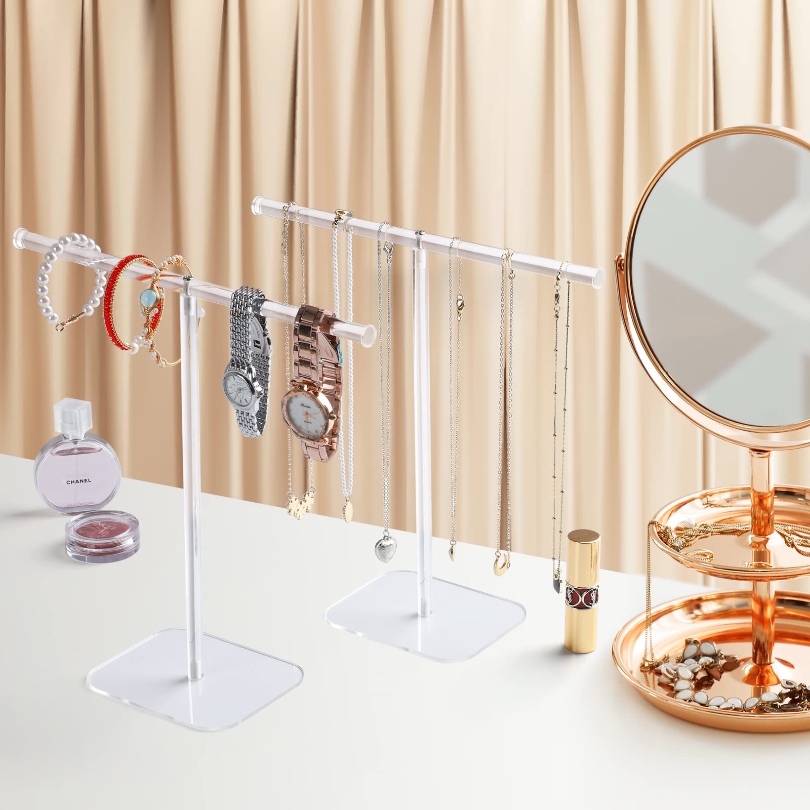 Jewelry Stand Necklace Stand 2 Tower, Clear Necklace Holder Jewelry Holder, Acrylic Jewelry Organizer, Bracelet Hanging Organizer, Display Stand for Bangles, Rings, Earrings and Watch