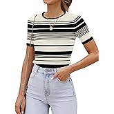 ZESICA Women's Short Sleeve Crewneck Striped T Shirt 2026 Summer Ribbed Knit Slim Fit Casual Basic Tee Tops