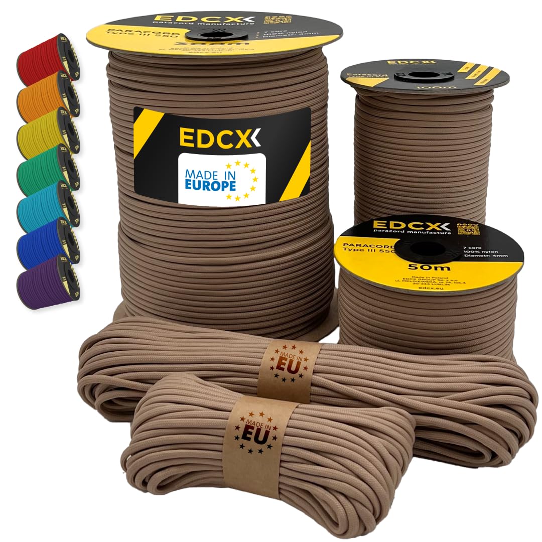 EdcX Paracord 4mm, 35+ Solid Colors (10m, 15m, 30m, 50m, 100m, 300m) | Ideal for Crafting, DIY, Camping, Survival, Outdoor | 100% Nylon Rope 4mm | Tactical Cord 550 Type III (Tan, 10 m) — image 1
