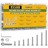 SVLING 750PCS M3 Screws Assortment Kit, 304 Stainless Steel 18-8 Hex Socket Head Cap Screws Bolts Nuts and Washers Set, M3 x 6/8/10/12/16/20/25/30mm, for 3D Printer
