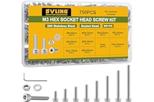 SVLING 750PCS M3 Screws Assortment Kit, 304 Stainless Steel 18-8 Hex Socket Head Cap Screws Bolts Nuts and Washers Set, M3 x 6/8/10/12/16/20/25/30mm, for 3D Printer