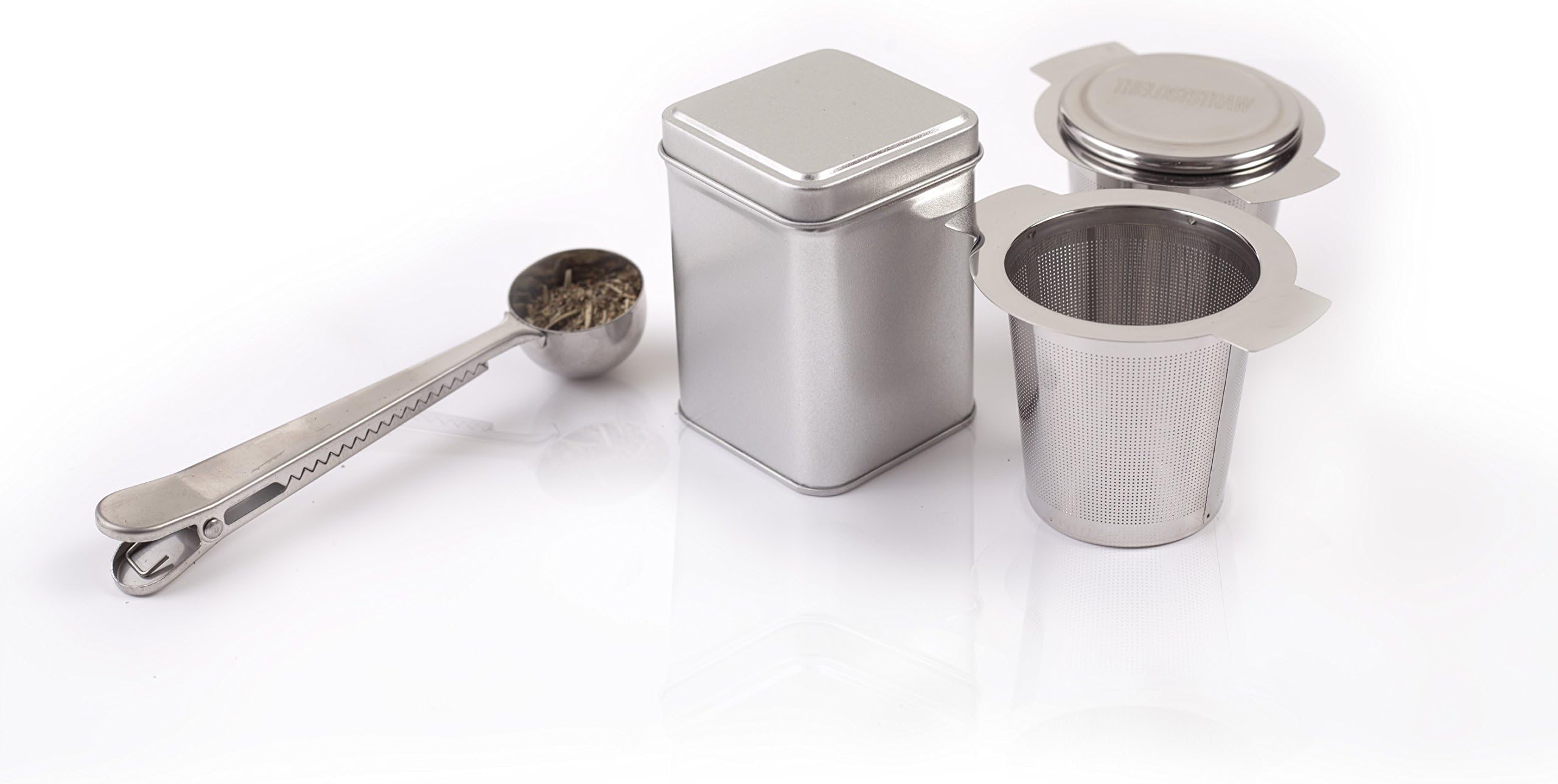 The Lost Straw Stainless Steel Single Cup Tea Strainer with Drip Cup - Loose Tea Infuser Gift Set of 2 with Organic Loose Tea Holder and Perfect Tea Scoop