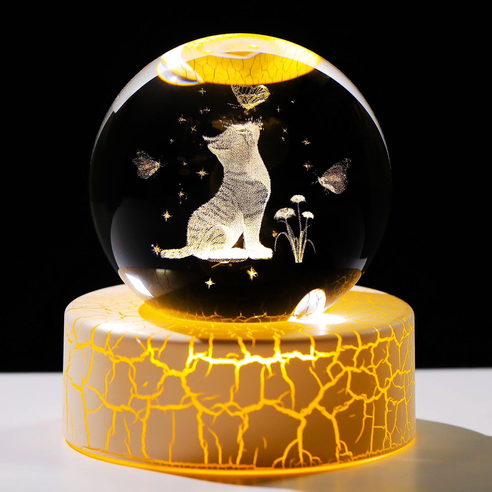 Ornalrist 60mm 3D Cat Crystal Ball Figurine Glass Globe Engraved Cat Flower Butterfly Crystal Ball with Warm Light Stand Glass 2.36in. Sphere Paperweights Ornament Cat Gifts for Cat Lovers Women