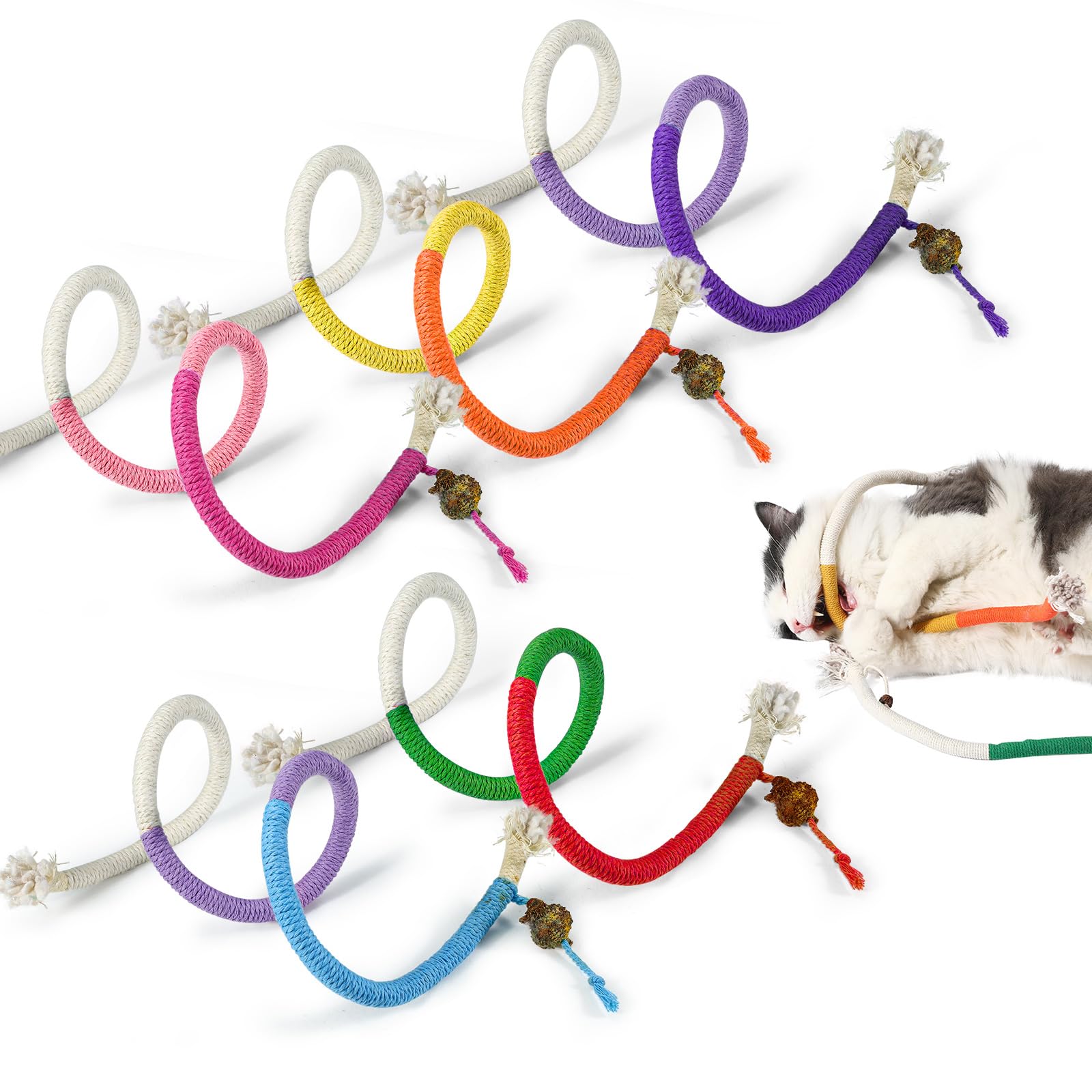 Huakaile 5 Pack Colorful Cat Chew Rope Toy Set, Interactive Cat Nip Toys with Silvervine Fruit, Large Handmade Cat Teeth Cleaning Toy for Indoor Bored Kitten Kitty Pet Biting (5 Colors)