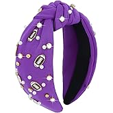 YARIEW Football Headband for Women Pearl Rhinestone Jeweled Knotted Headband Fashion Headband Wide Game Day Sports Hair Accessories Gift for Football Mom Fans Christmas (Purple)