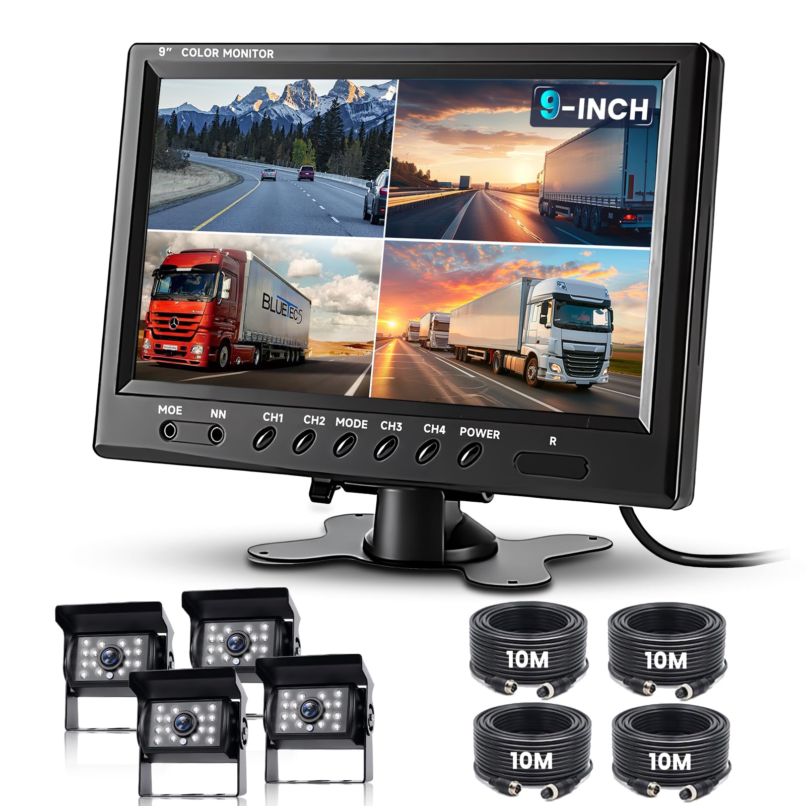 Podofo Car Revering 4 Cameras Kit with 9" 4-Slplit Display Monitor LCD Screen,4 Pin Aviation Cable, Front & Rear View Cameras, Waterproof IR Night Vision, for 12V-24V Van/Bus/Camping Cars