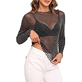 YVH Womens Stretchy Glitter Sheer Mesh Blouse Tops Sexy T Shirt for Layering, Club, Concerts & Party