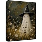 TTBDPB Halloween Ghost Witch Floral Wall Art Decor Spooky Cute Ghost Witch Flowers Canvas Wall Decoration Farmhouse Autumn Halloween Art Prints for Home Living Room Bedroom