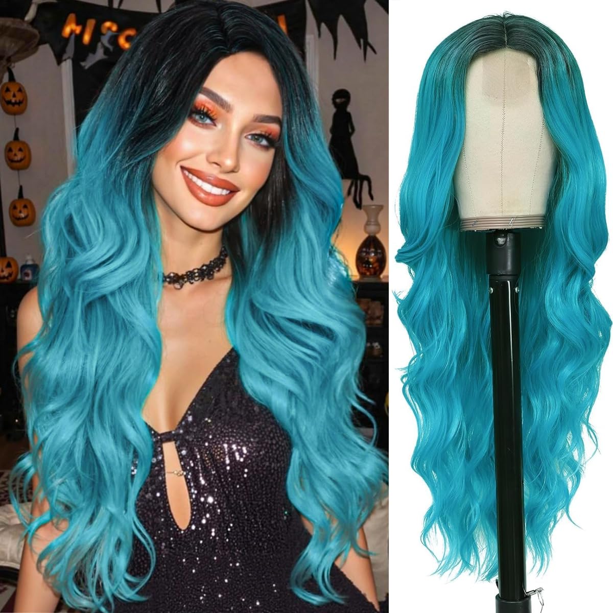PORSMEER Long Ombre Bluish Light Blue Wavy Wig for Women 26 Inch Middle Part Lace Hairline Curly Wavy Wig Natural Looking Synthetic Heat Resistant Hair for Halloween Party or Daily Use