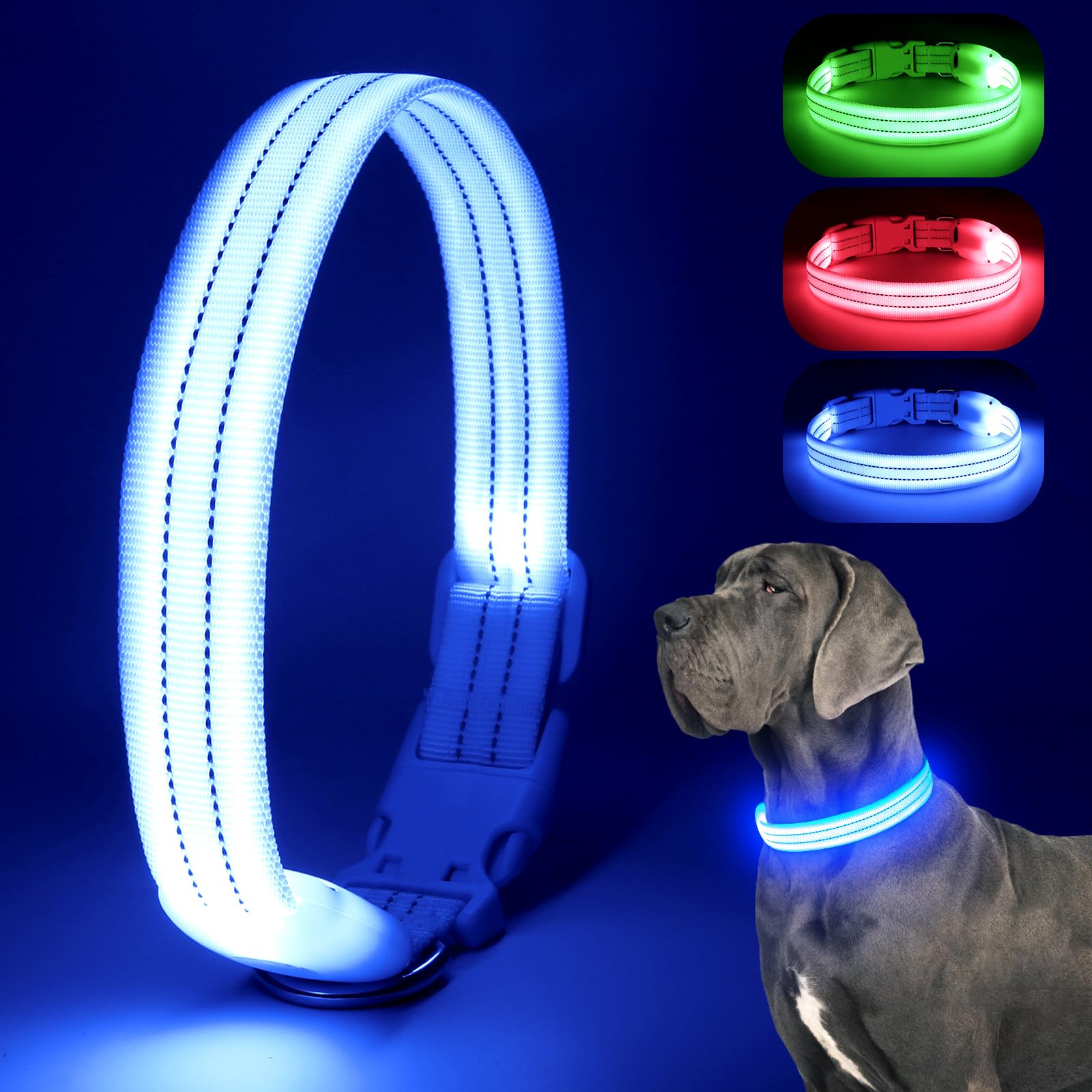 Chalklit Light Up LED Dog Collar, USB Rechargeable Waterproof Reflective Adjustable Flashing Dog Collar Lighted, Glowing in the Dark for Small Medium Large Dogs Night Safety Walking(Small, Blue)