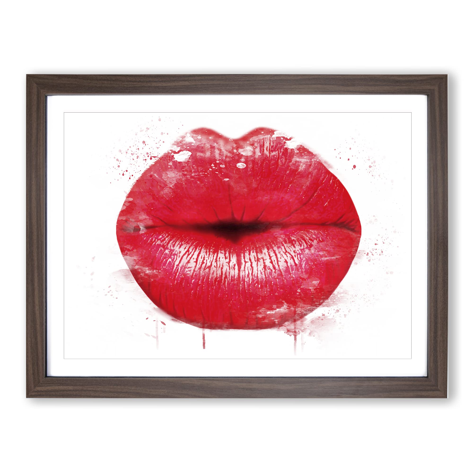 Red Lips Kiss V3 Modern Framed Wall Art Print, Ready to Hang Picture for Living Room Bedroom Home Office Décor, Walnut A3 (46 x 34 cm)