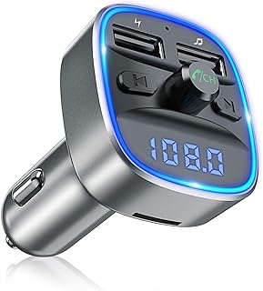 Bovon Bluetooth FM Transmitter Auto Radio Adapter, Auto Ladegerät mit 2 USB Anschlüsse und Freisprecheinrichtung, mit Blauem Umgebungslicht, Unterstützt TF Karte und USB-Stick (Grau)