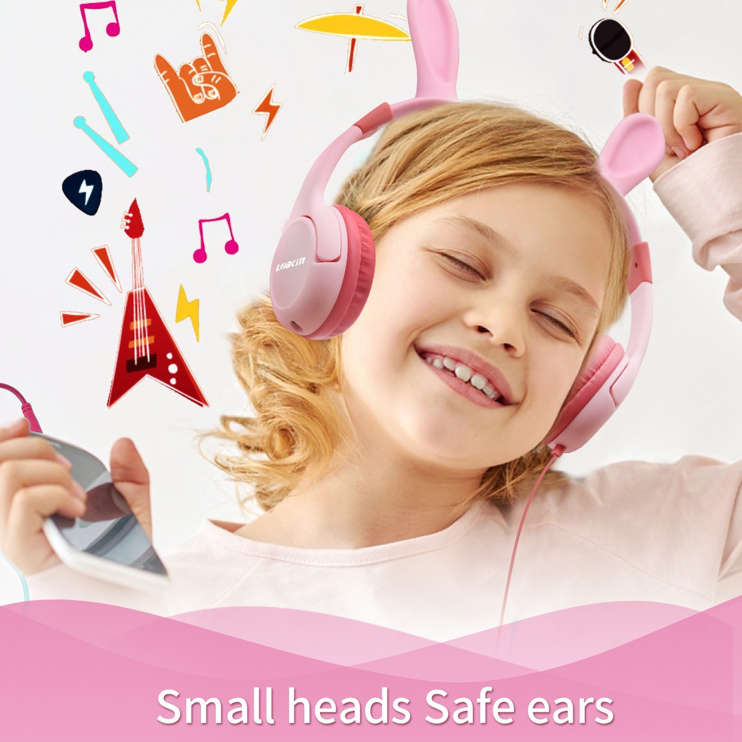 Kids Headphones, Lobkin Bunny Ear Wired On-Ear Earphones,Bluetooth Headsets Kids Friendly Safe Food Grade Material,Children Volume Limited Headphones -Pink
