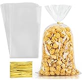 Labeol Clear Cellophane Bags,100Packs 7X14 Inch Popcorn Gift Warp | Large flat plastic wrap,with gold twist ties,perfect for party favors cookies candy snack, goodie bags or treat packaging