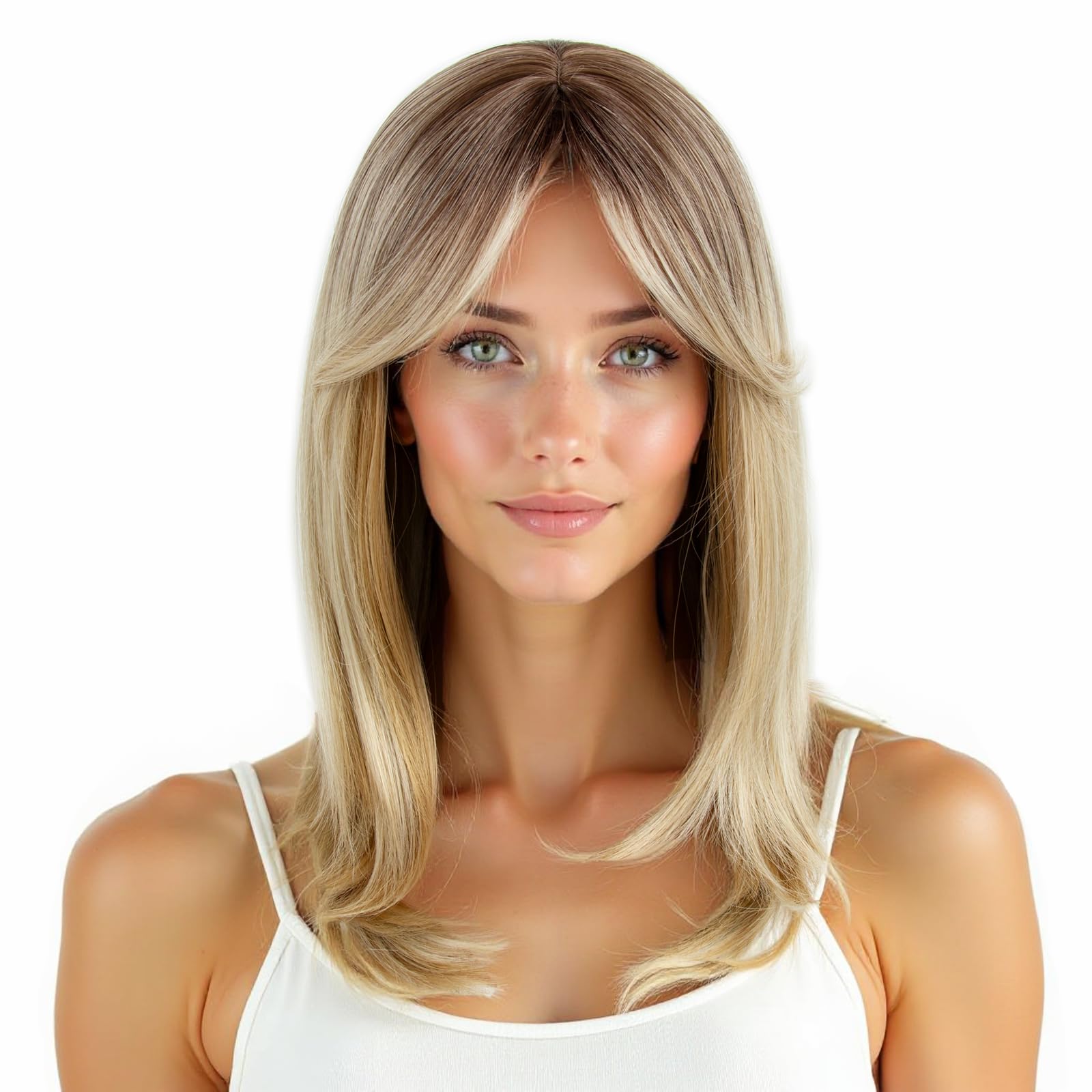 Photo 1 of R REEWES FASHION HAIR Blonde Ombre with Dark Roots Short Synthetic Wig, Shoulder Length Layered Style with Side Bangs, Natural Look