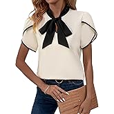 Verdusa Women's Contrast Binding Tie Neck Petal Sleeve Work Blouse Top