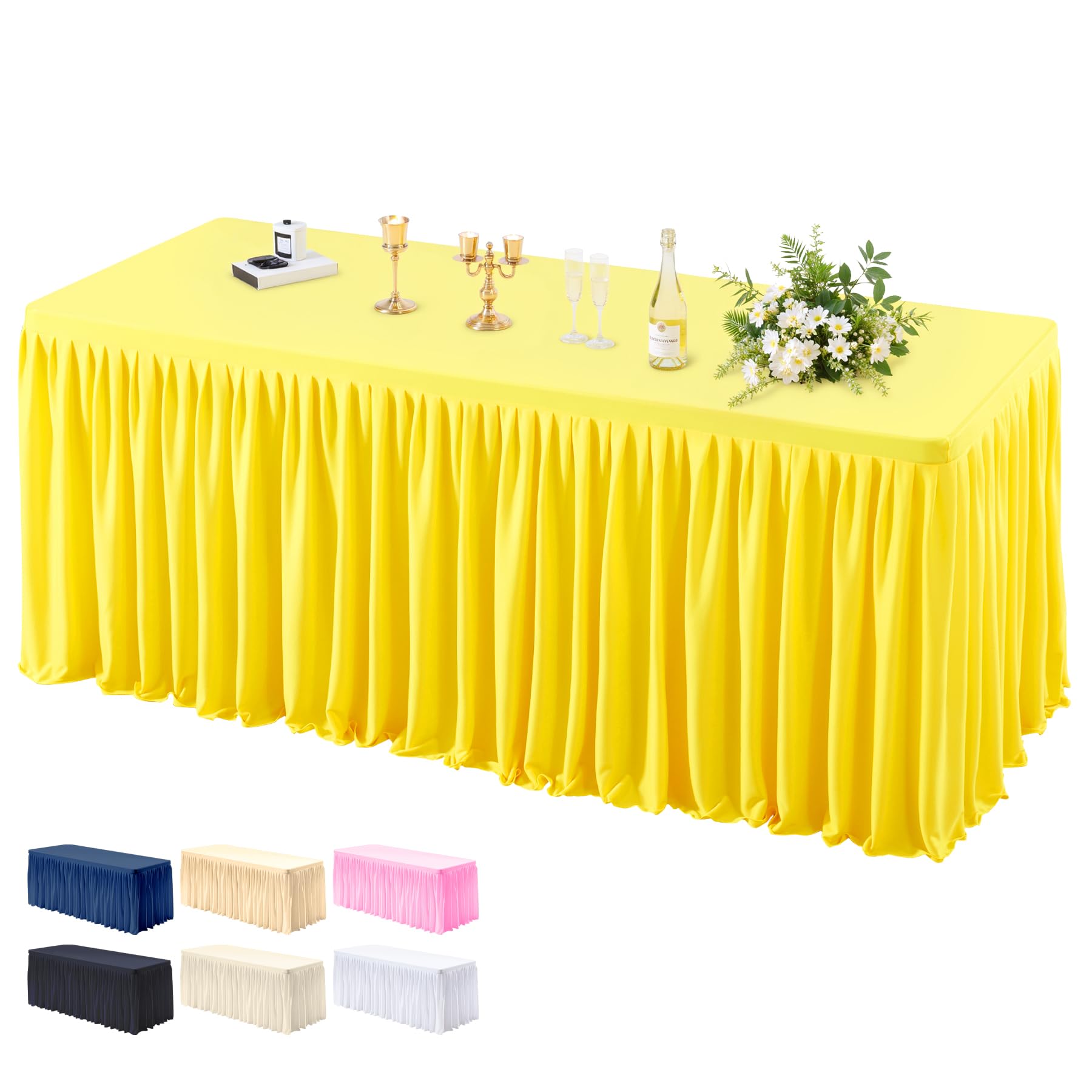 Photo 1 of 1 Pack Yellow Tablecloths for Rectangle Tables 6ft, Wrinkle Resistant Spandex Table Cover Fitted Stretch Table Cloth with Pleated Ruffle Skirts for Party Banquet Dining Birthday Wedding