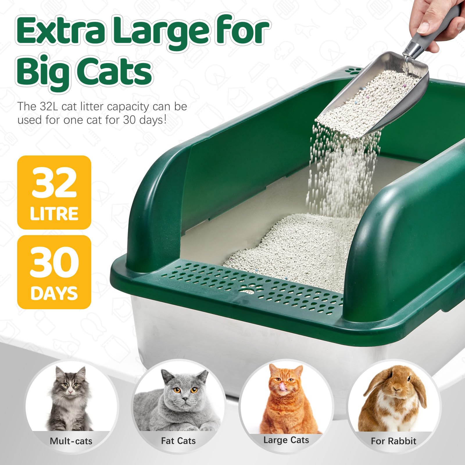 Stainless Steel Cat Litter Box with Lid, Extra Large Metal Litter Box for Big Cats, XXL High Sides Enclosure Cat Litter Box with Anti-Urine Leakage, Easy Clean, Free Litter Scoop & Mat