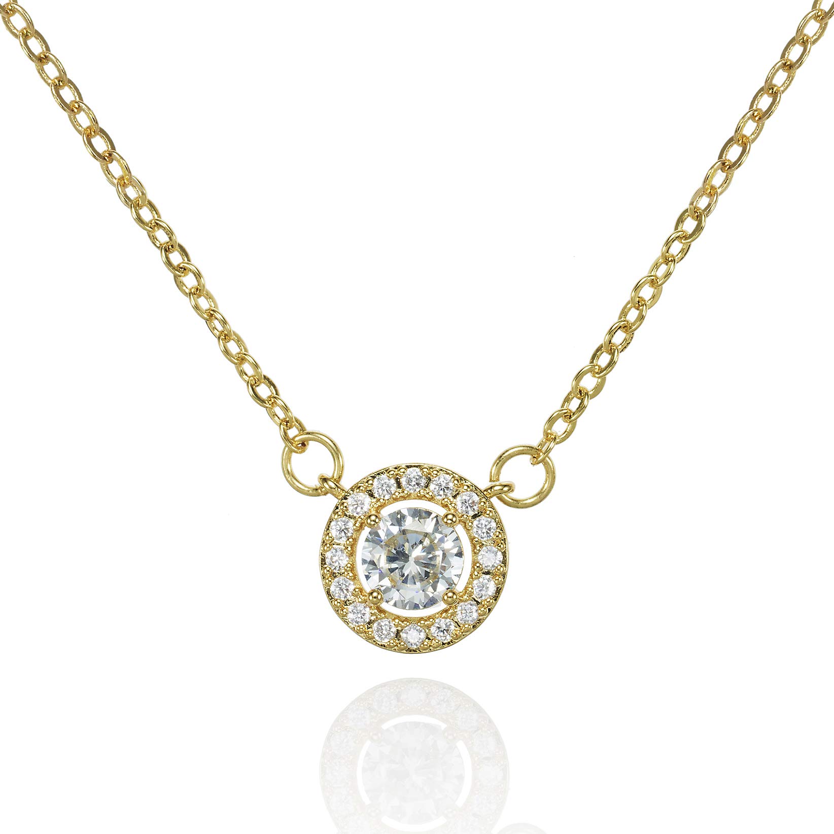 namana Gold Halo Necklace with a 6 mm Solitaire Centre Stone, Yellow Gold Necklaces for Women with Cubic Zirconia Stones, Gold Chain Necklace with a Halo Pendant, Gold Jewellery Gifts for Women