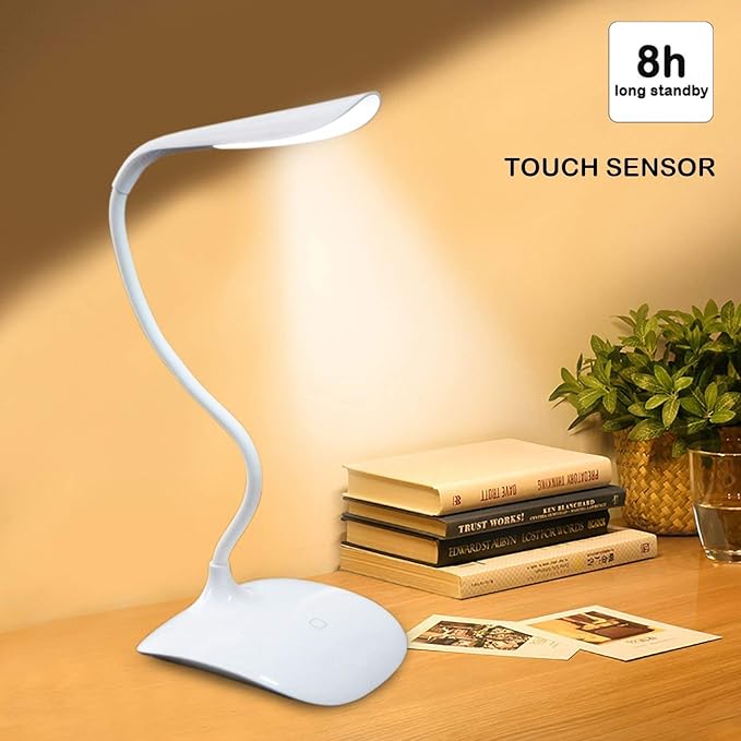 HOME CUBE BATH Portable Flexible 3 Level Plastic LED Table Lamp with Eye Care Brightness and Touch Sensor (White, Standard Size)