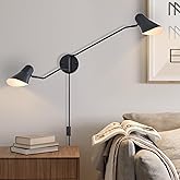 Afirstcght Modern 2-Lights Swing Arm Wall Sconces Black Plug in Wall Light 180° Rotatable Wall Mount Lamp with ON/Off Cord fo