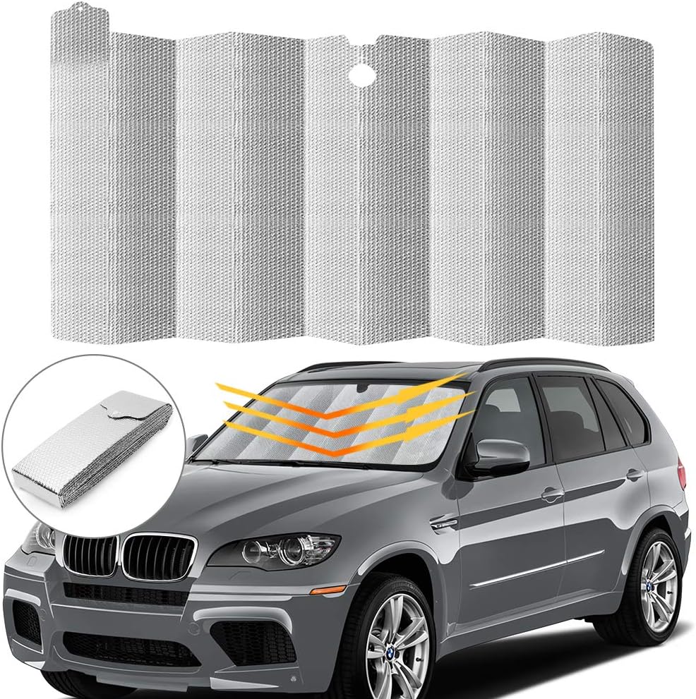 Car Windshield Sunshade, Auto Front Window Protector Sun Shade Visor Heat Shield Cover Foldable UV Ray Reflector for Car, Keeps Vehicle Cool/Easy to Use/Fits Windshields of Various Sizes - 59*31 Inch