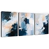 Tevenuktla Blue and White Abstract Wall Art Modern Abstract Painting Grey Gold Wall Art for Living Room Blue Gold Painting Grey White Pictures Modern Beige Artwork 16x24inchx3 No Frame