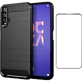 Asuwish Phone Case for Huawei Nova 5T/Honor 20 with Tempered Glass Screen Protector Cover and Cell Accessories Soft TPU Silicone Slim Hawaii Nova5T T5 Honor20 Pro 20S Women Men Carbon Fiber Navy Black