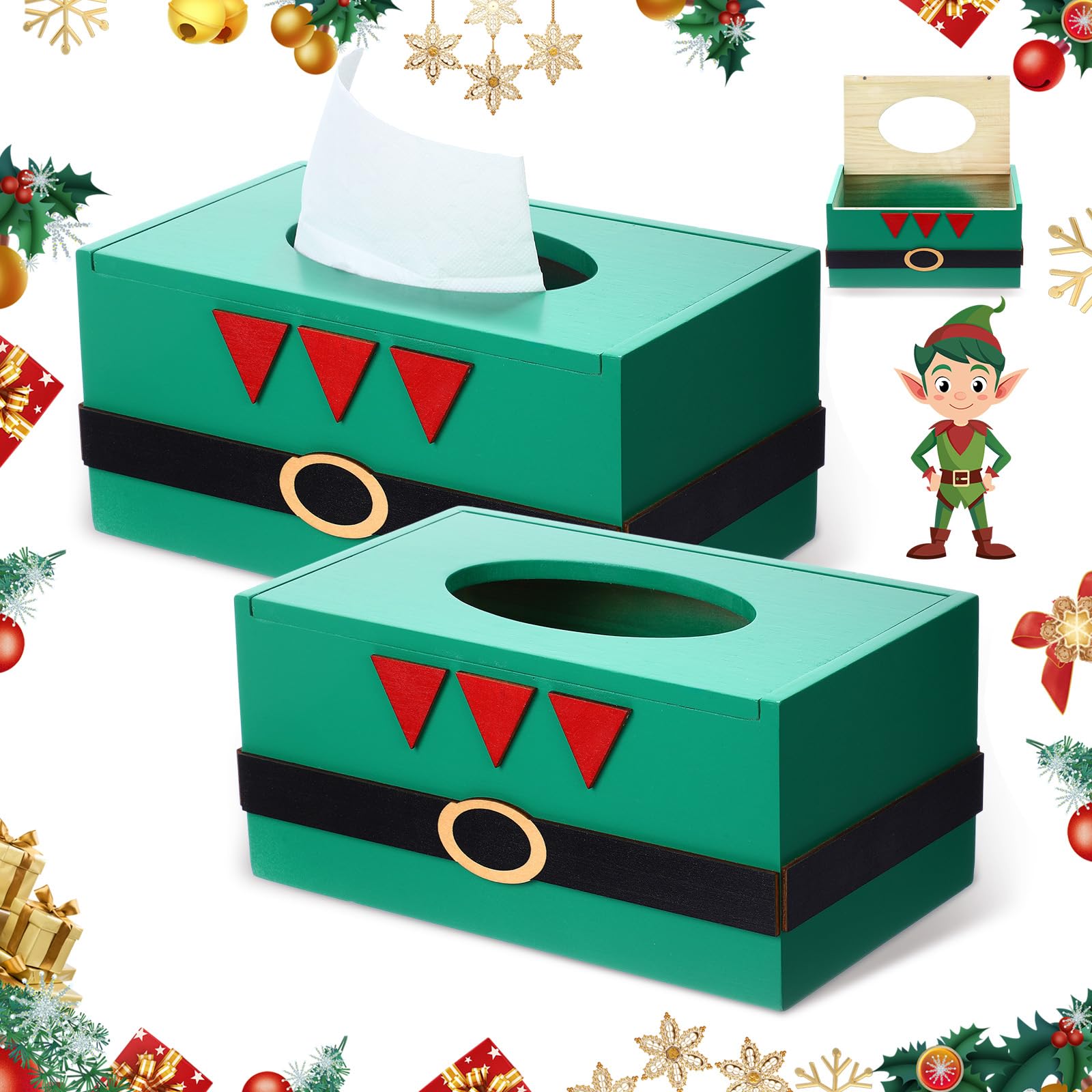 Photo 1 of 1 Pack Christmas Tissue Box Cover Rectangle Christmas Elves Print Tissue Box Holder Wooden Xmas Decorative Facial Covers for Xmas Gift Countertop Bathroom Kitchen Bedroom