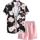 GORGLITTER Men's 2 Piece Vacation Beach Outfits Floral Button Down Shirt and Shorts Cruise Attire Sets