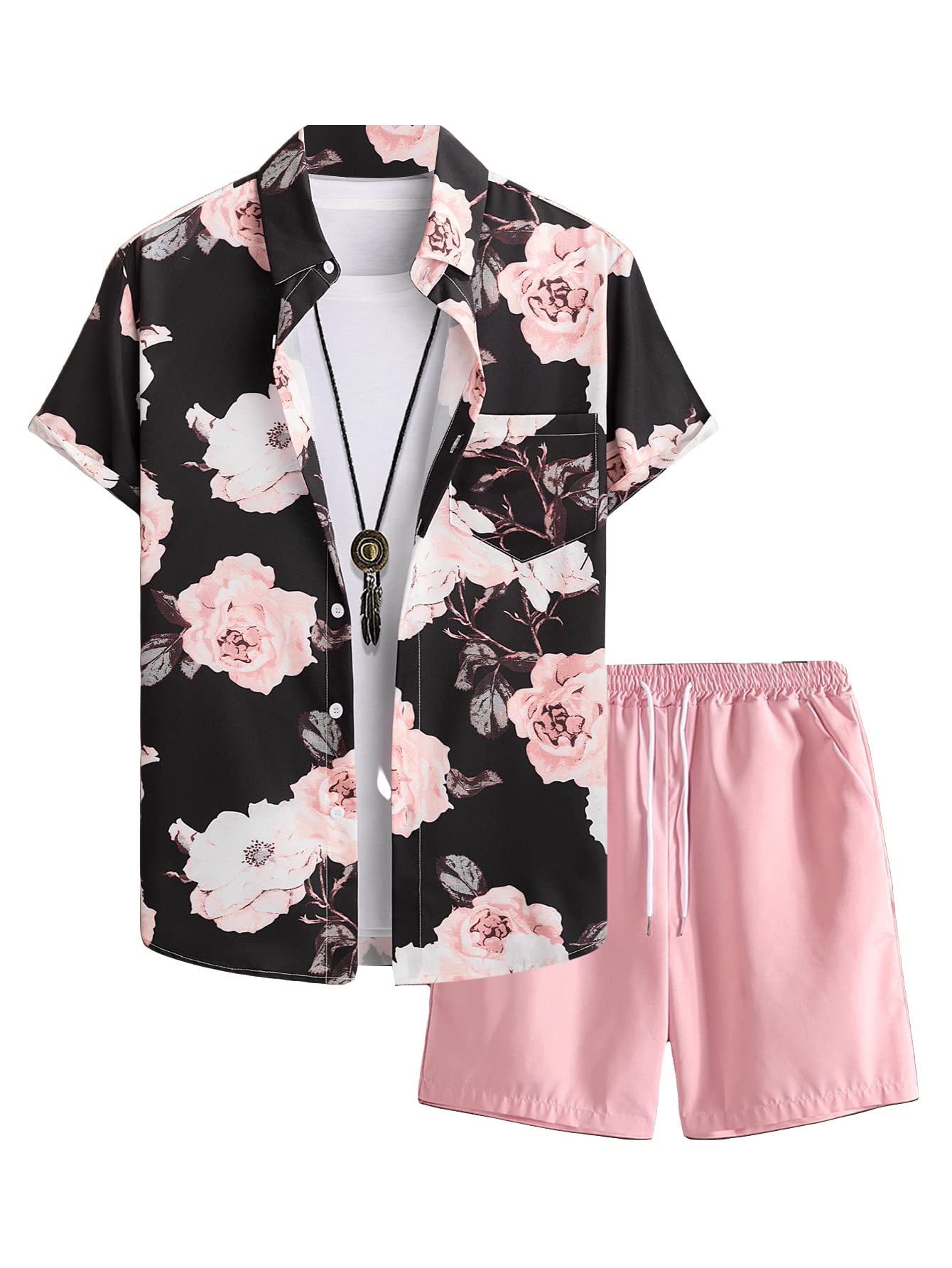 GORGLITTER Men's 2 Piece Vacation Beach Outfits Floral Button Down Shirt and Shorts Cruise Attire Sets