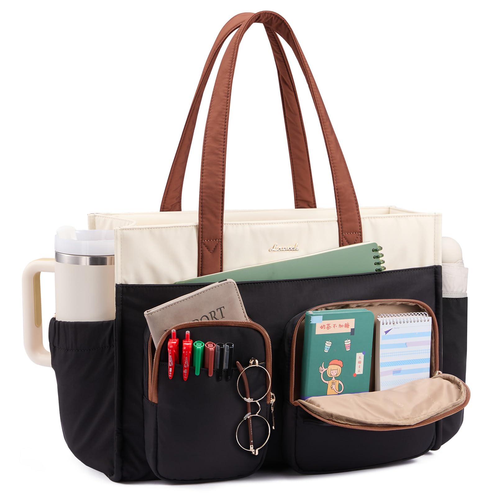 LOVEVOOK Teacher Tote Bag for Women,Multi-pocket Laptop Bag with Large Cup Holder,Nurse Bags Work Travel Computer Handbag