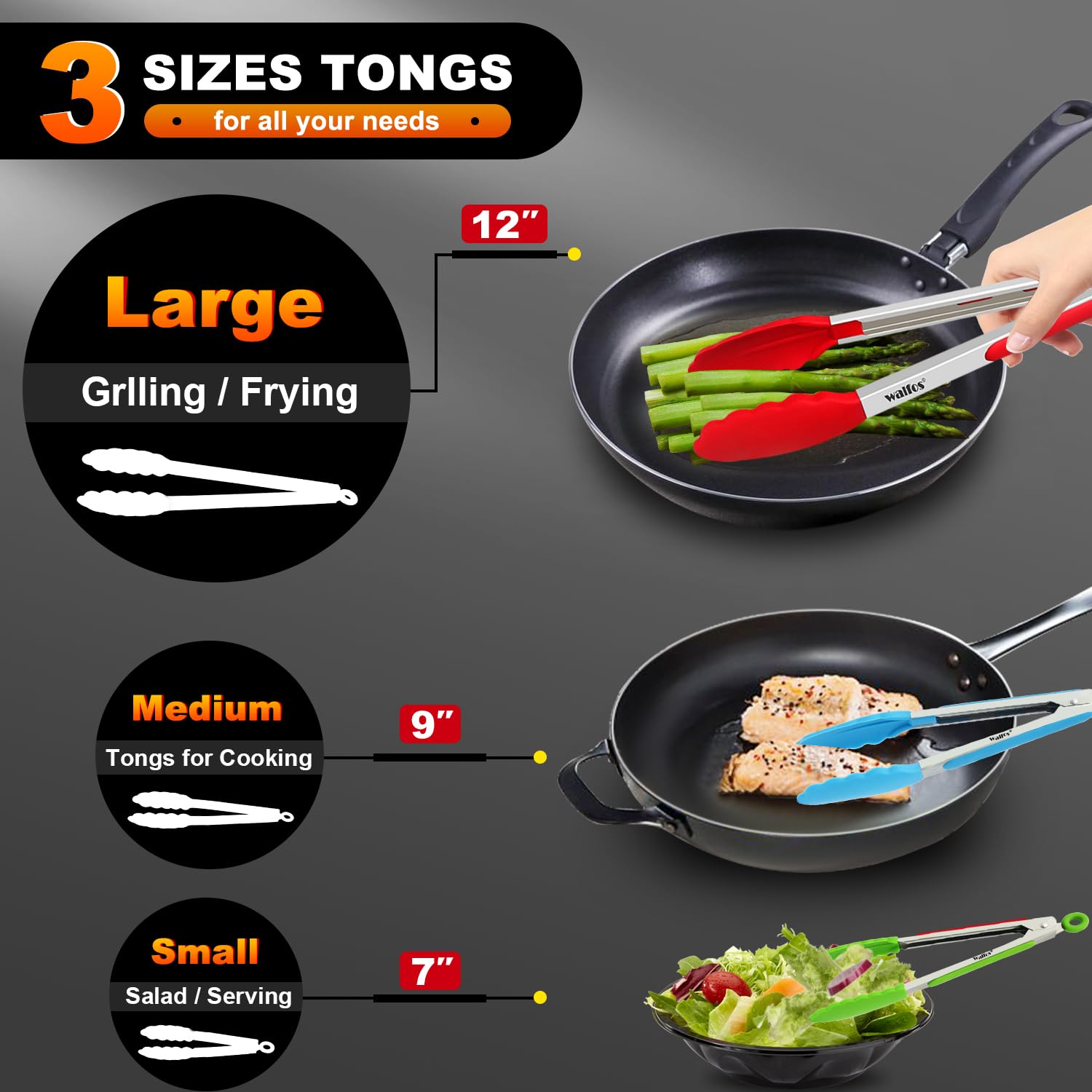Walfos Silicone Tongs for Cooking - Heat Resistant kitchen tongs for Salad,Cooking, Grilling,Stainless Steel and BPA Free Silicone Tips set of 3 (7