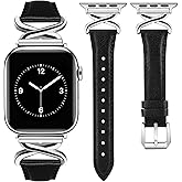 JR.DM Leather Bands Women Compatible with Apple Watch 40mm 38mm 44mm 45mm 41mm 42mm 46mm 49mm Dressy Slim Fancy Strap with X-Shaped Metal Crown for iWatch Series Ultra/SE/11/10/9/8/7/6/5/4/3/2/1 Black