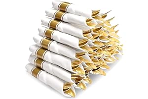 30Packs Pre Rolled Gold Plastic Silverware - Premium Pre Rolled Gold Plastic Cutlery Set with Napkin, Disposable Pre Rolled N
