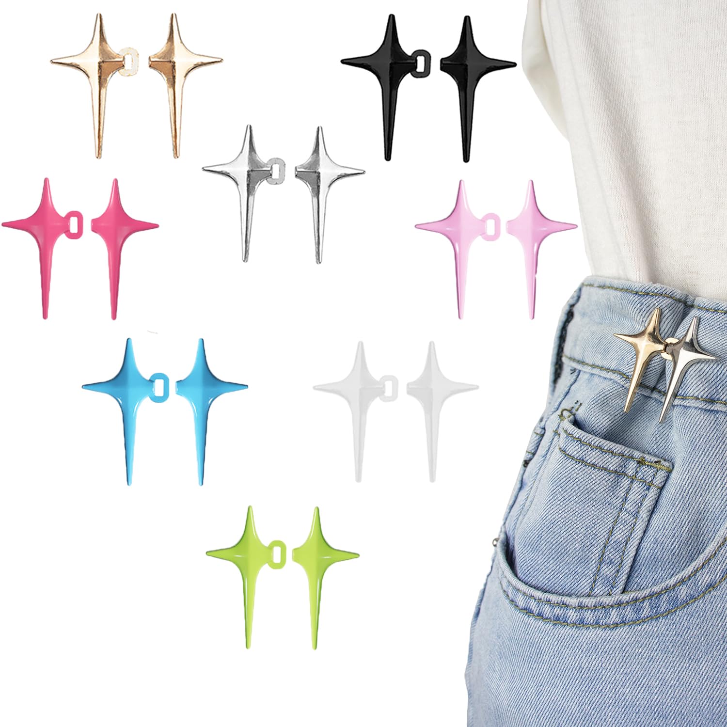 RichLuck 8 Pairs Jean Buttons for Loose Jeans, Star Waistband Tightener, Adjustable Waist Buckle Extender, Reusable Waist Tightener for Trousers No Sew Buttons Pins for Jeans(Colorful) — image 1